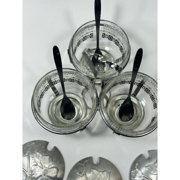 MCM Vtg Libbey Silver Appetizer Condiment Serving Caddy 3 Glass Bowls Lids Spoon - Picture 4 of 7